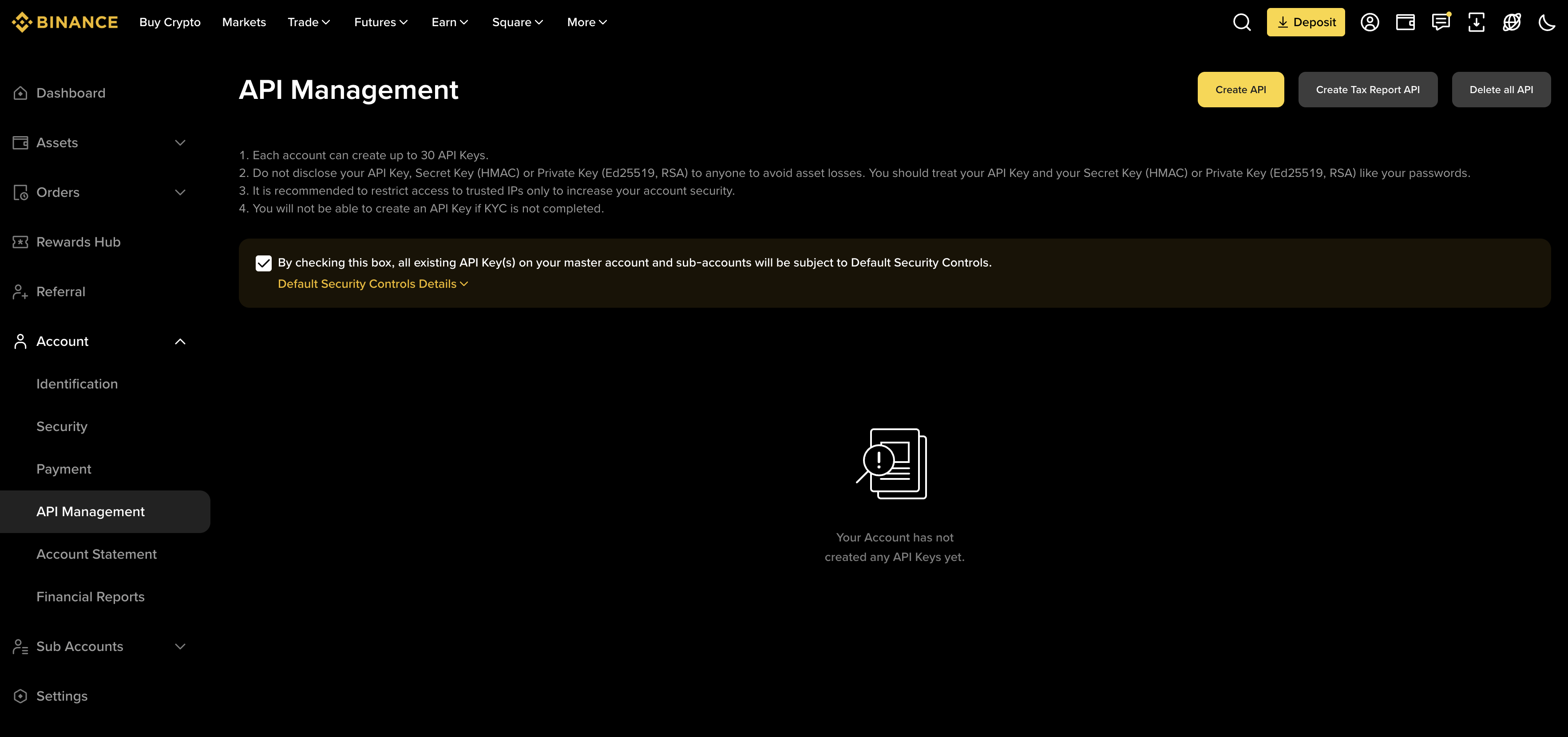 Binance — create API key